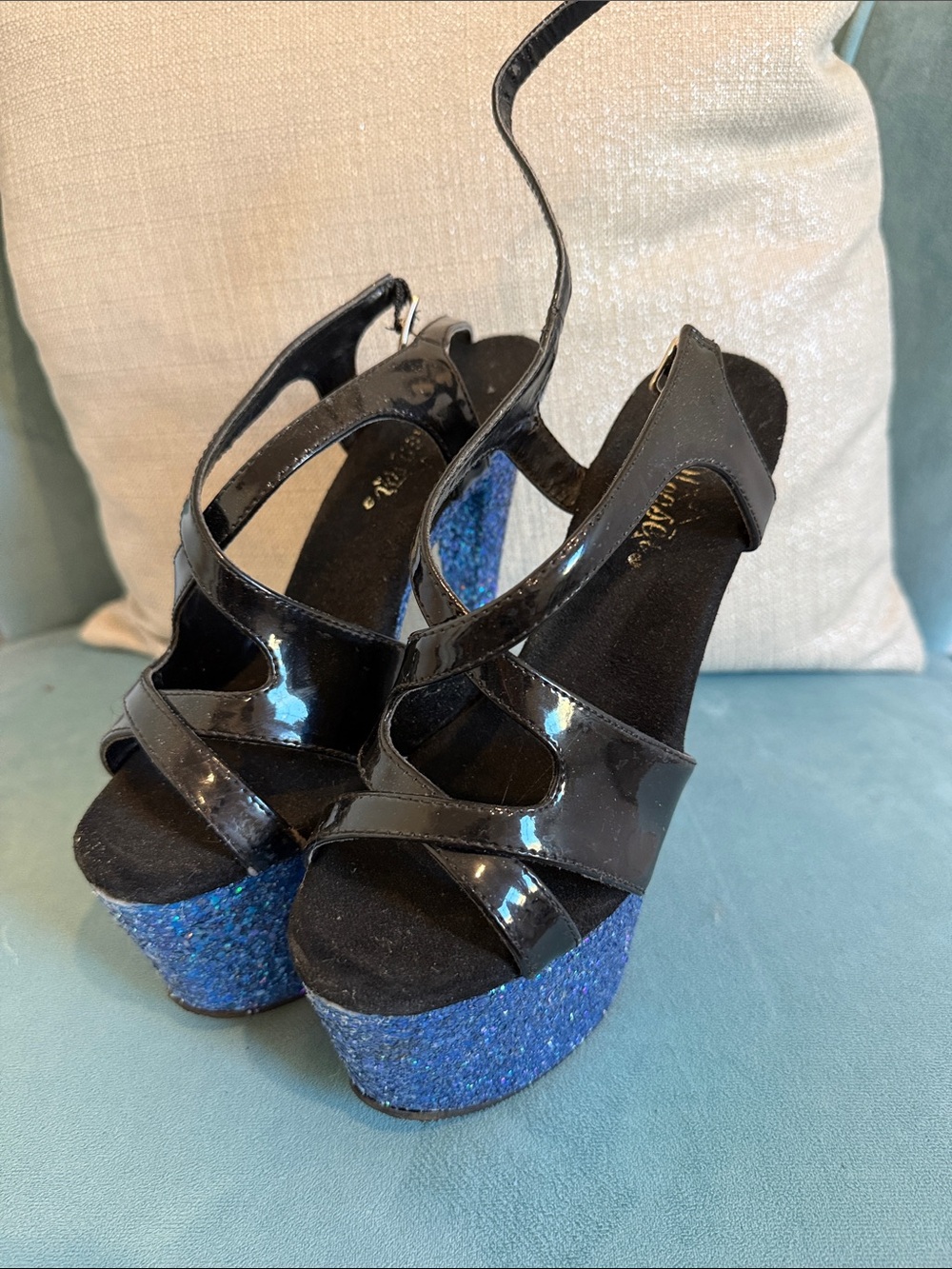 Pleaser Black Patent Platform Sandals with Blue Glitter Sole